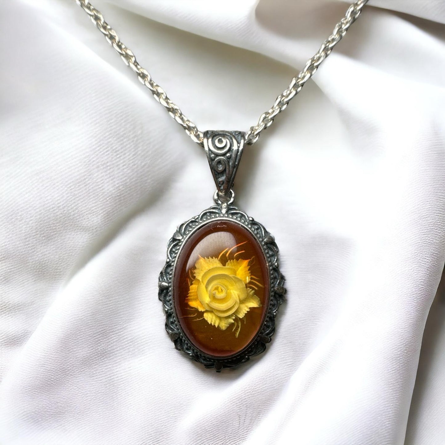 Amber with flower carving 925 Silver Pendant AMB001