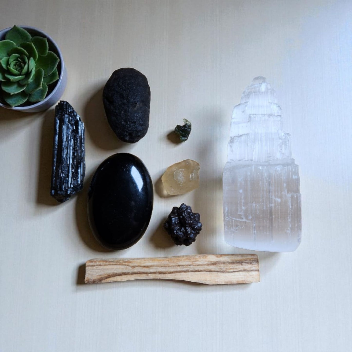 Sacred Gems – Moldavite Celestial Ascension Kit – Deluxe Edition full contents flat lay with larger Moldavite and Libyan Desert Glass [variant:deluxe]
