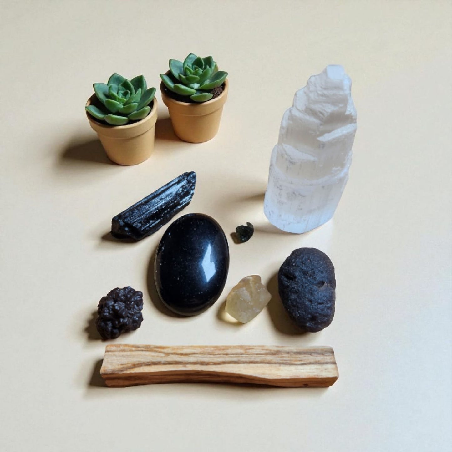 Sacred Gems – Moldavite Celestial Ascension Kit – Deluxe Edition full contents flat lay with larger Moldavite and Libyan Desert Glass [variant:deluxe]
