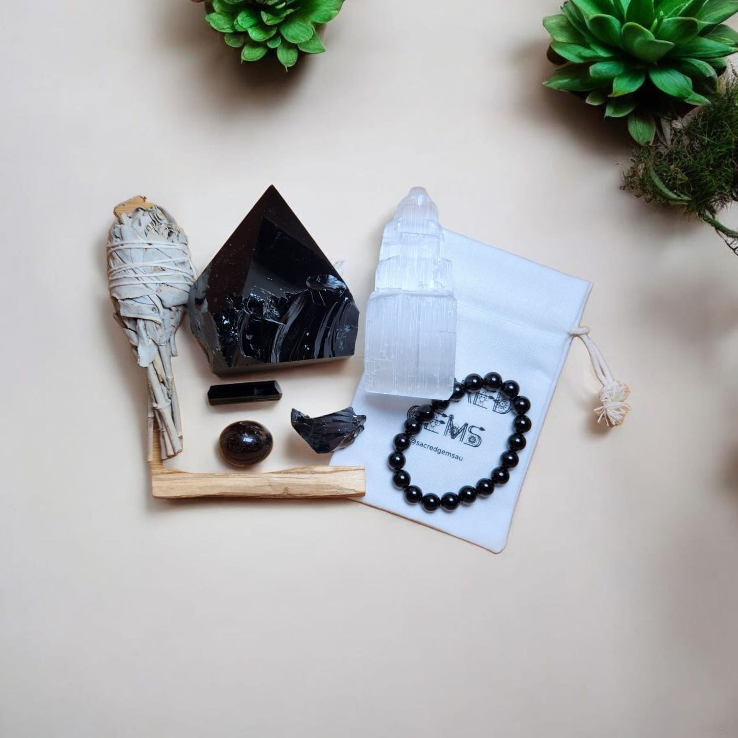 Sacred Gems – Protection Crystal Kit – Deluxe Edition full contents flat lay with Black Tourmaline bracelet and Elite Shungite [variant:deluxe]
