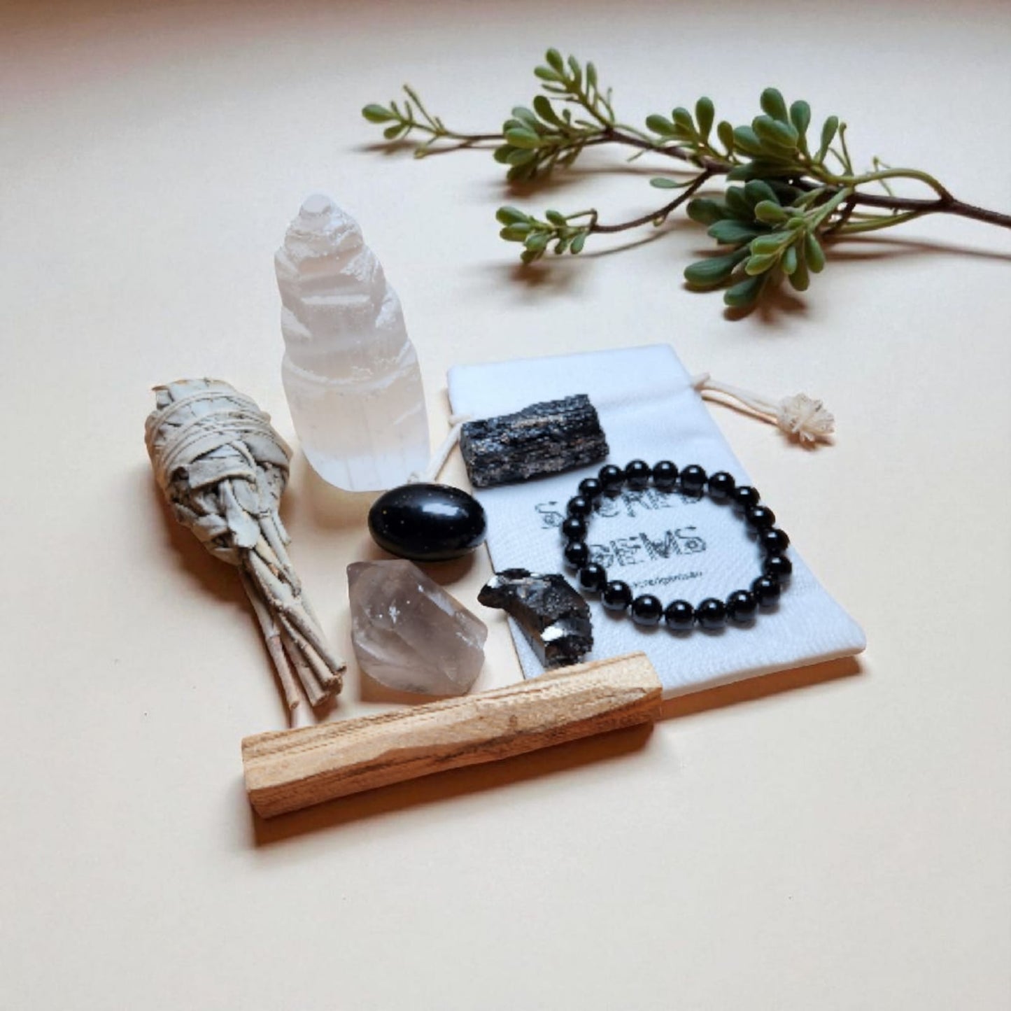 Sacred Gems – Protection Crystal Kit – Deluxe Edition full contents flat lay with Black Tourmaline bracelet and Elite Shungite [variant:deluxe]
