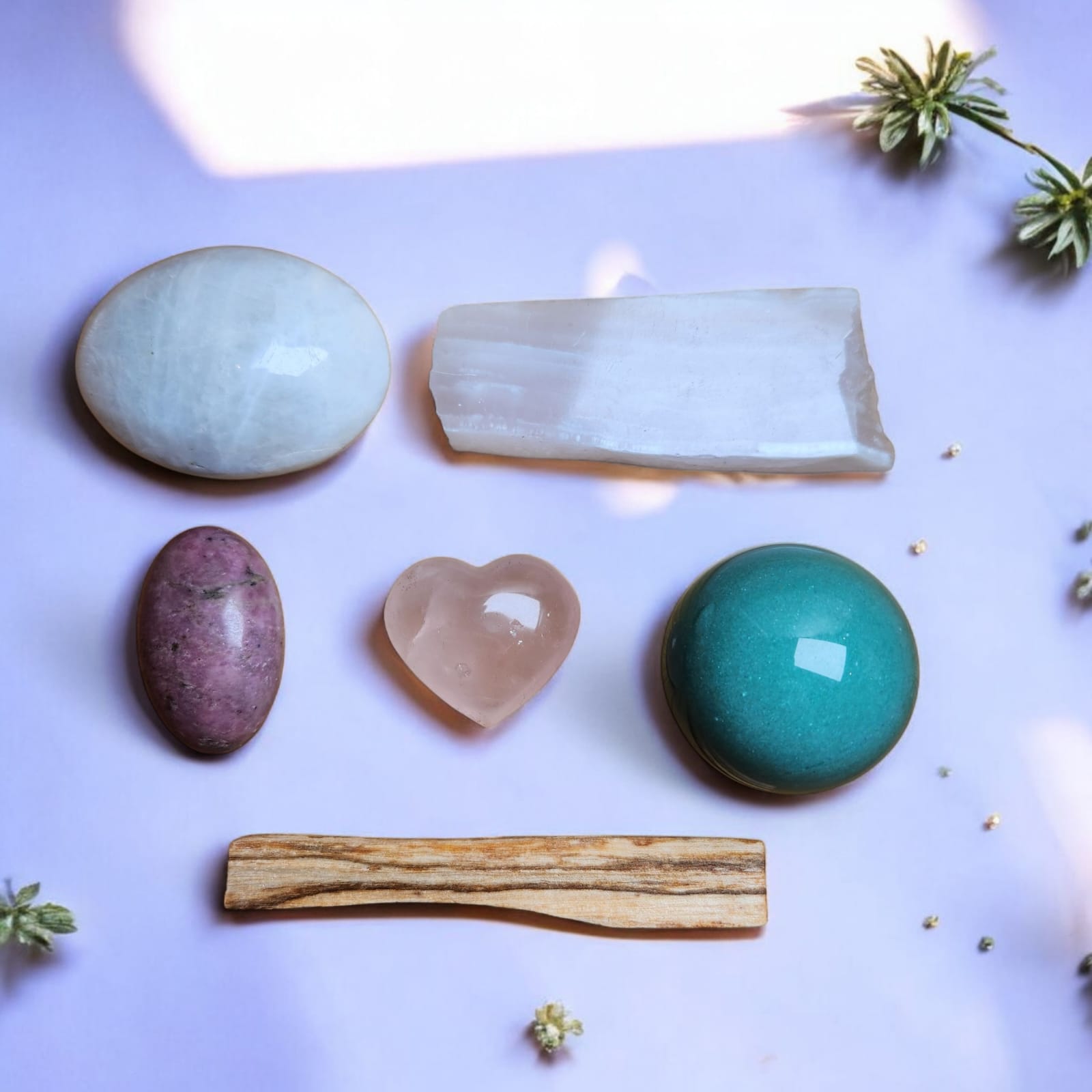 Sacred Gems – Love Crystal Kit – Standard Edition crystals (Rose Quartz,Mangano Calcite, Rhodonite, Green Aventurine, Moonstone) arranged on soft blush fabric [variant:standard]
