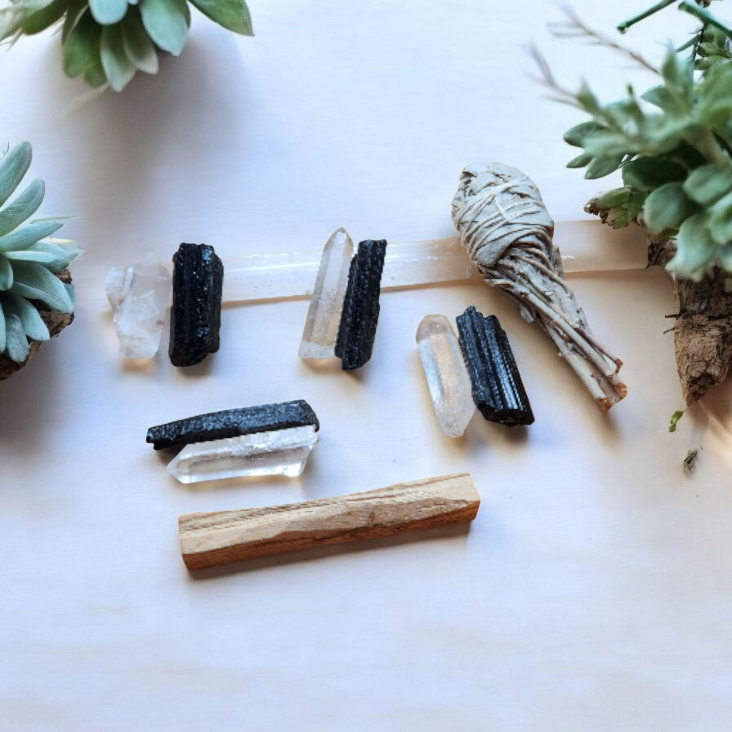 Sacred Gems – Standard kit – four black tourmaline, four clear quartz points, selenite wand, palo santo [variant:standard]