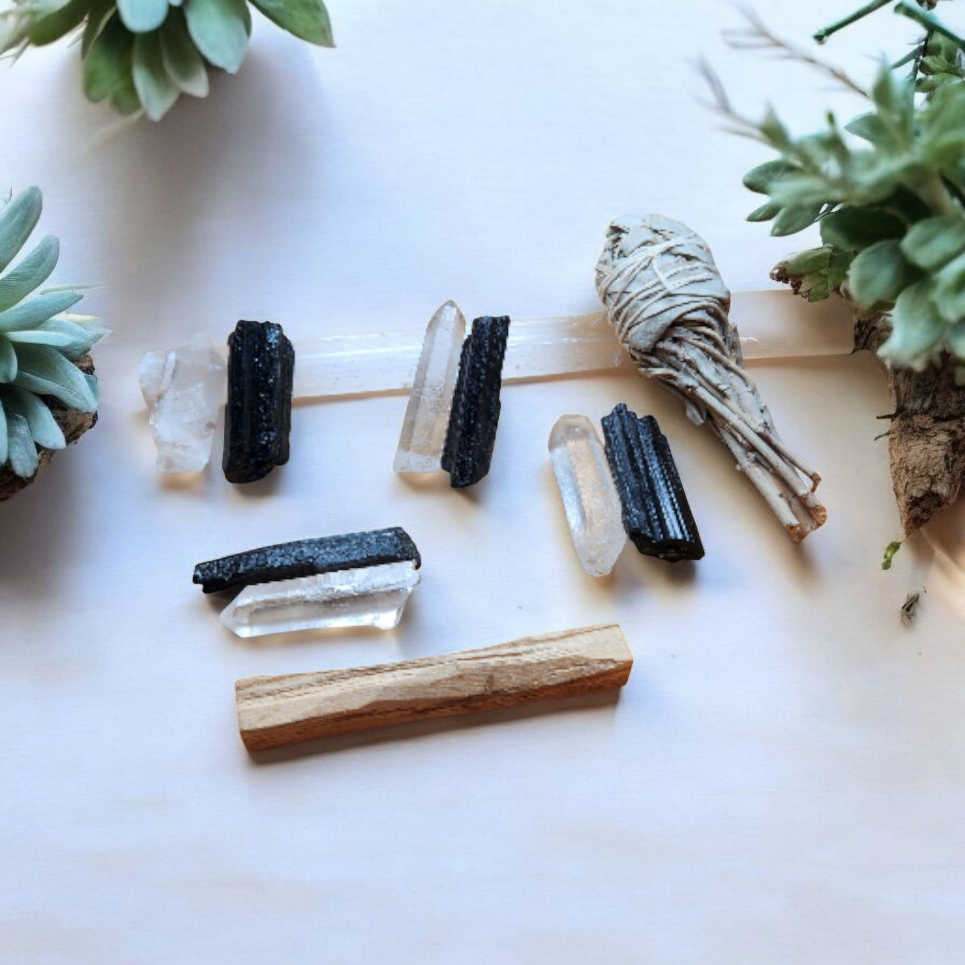 Sacred Gems – Standard kit – four black tourmaline, four clear quartz points, selenite wand, palo santo [variant:standard]