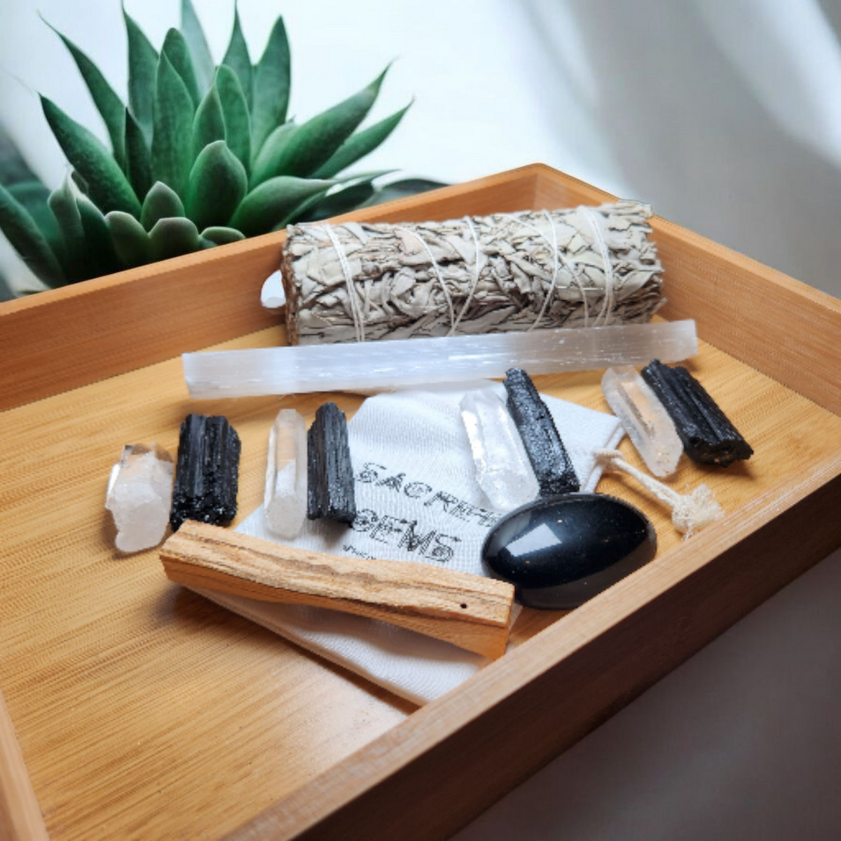 Sacred Gems – Deluxe kit detail – labradorite at entryway and obsidian for deep protection [variant:deluxe]